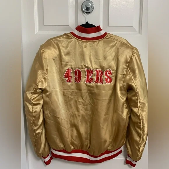 San Francisco 49ers Gold Satin Varsity Jacket with Red and White Trim - Picture 2 of 6